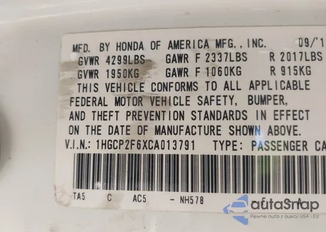2012 Honda Accord 2.4 Se from USA, damaged, VIN 1HGCP2F6XCA013791